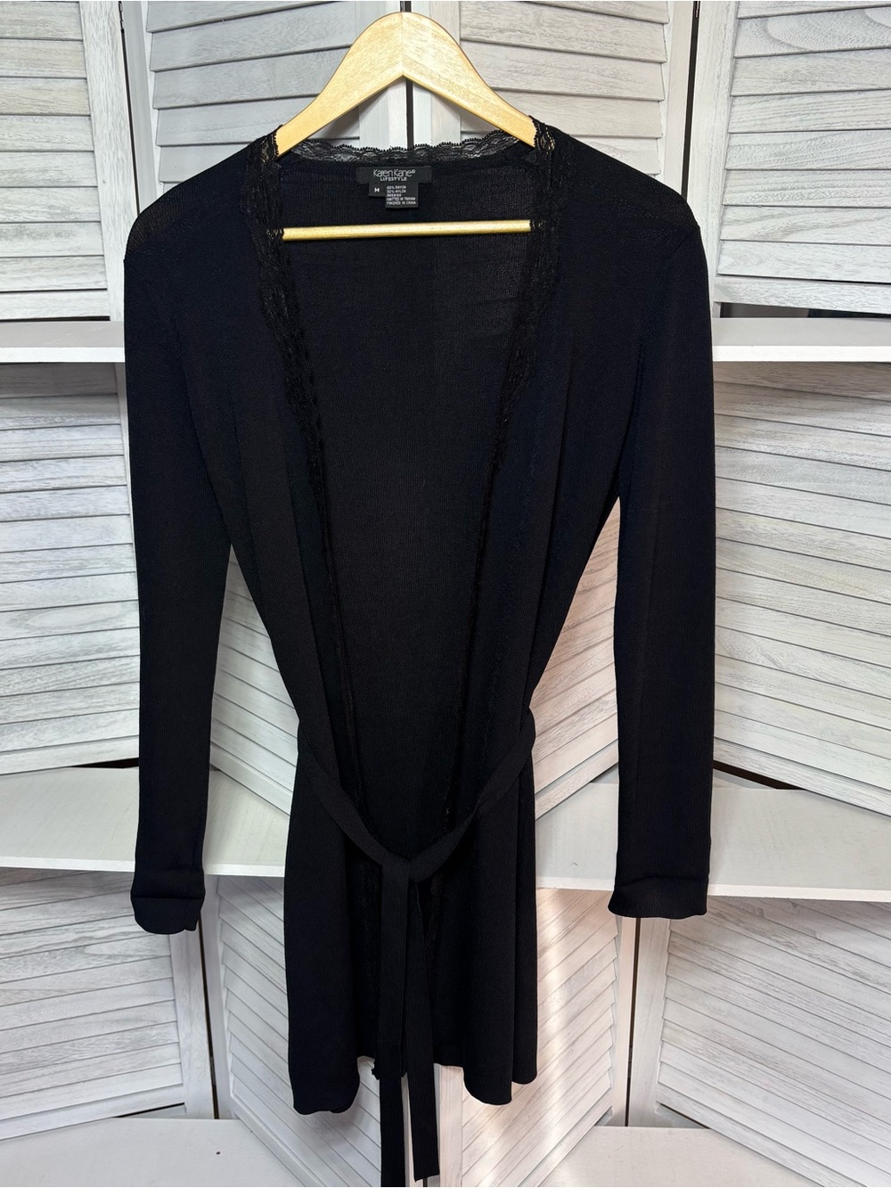 Karen Kane Lifestyle Black Lace Trim Open Front Belted Cardigan M